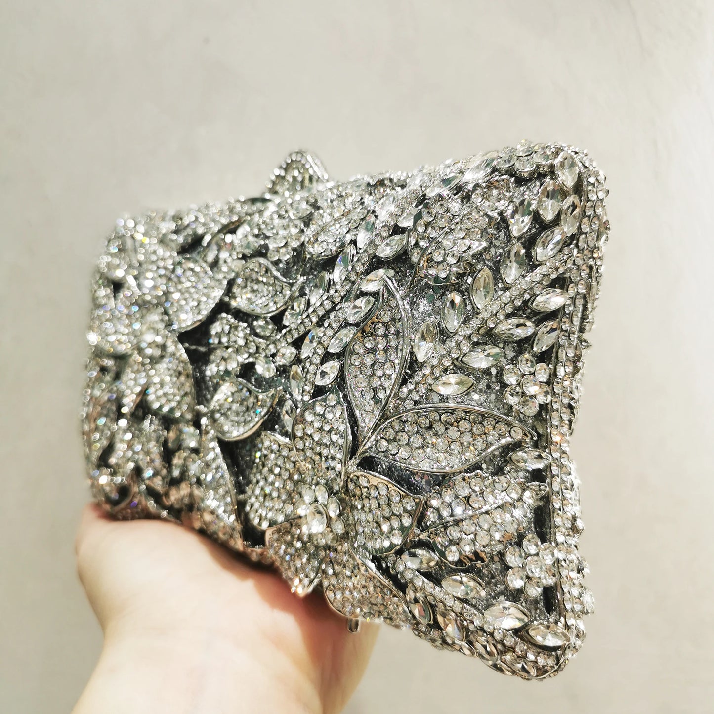 Woman Silver Gold Diamond Evening Bag Flower Crystal Birthday Party Handbag Wedding Bridal Gala Floral Purse