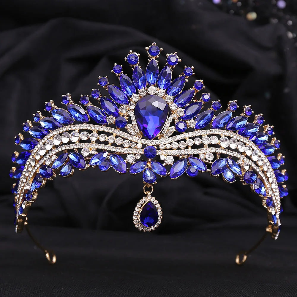 Silver Color Blue Opal Bridal Tiara Crown Luxury Rhinestone Crystal Waterdrop Wedding Headwear Party Pageant Diadem Head Jewelry - EUFASHIONBAGS