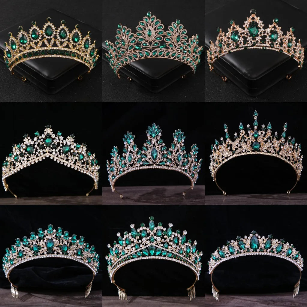 Luxury Green Color Crystal Wedding Crown Bridal Hair Accessories Women Baroque Crown Rhinestones Tiaras Bride Queen Party Crowns - EUFASHIONBAGS