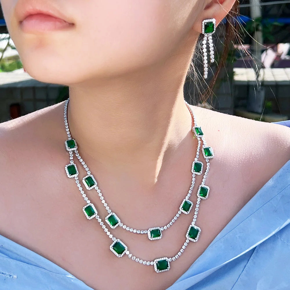 Luxury Green Square Cubic Zircon Double Layered Necklace Earrings Wedding Bridal Jewelry Sets Dress Accessories - EUFASHIONBAGS