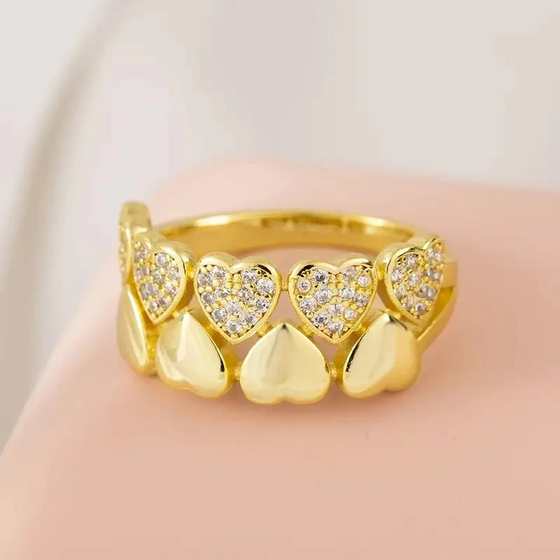 Double Layer Hearts Design Women Rings Gold Color Wedding Band Accessory Statement Love Rings Party Luxury Trendy Jewelry - EUFASHIONBAGS