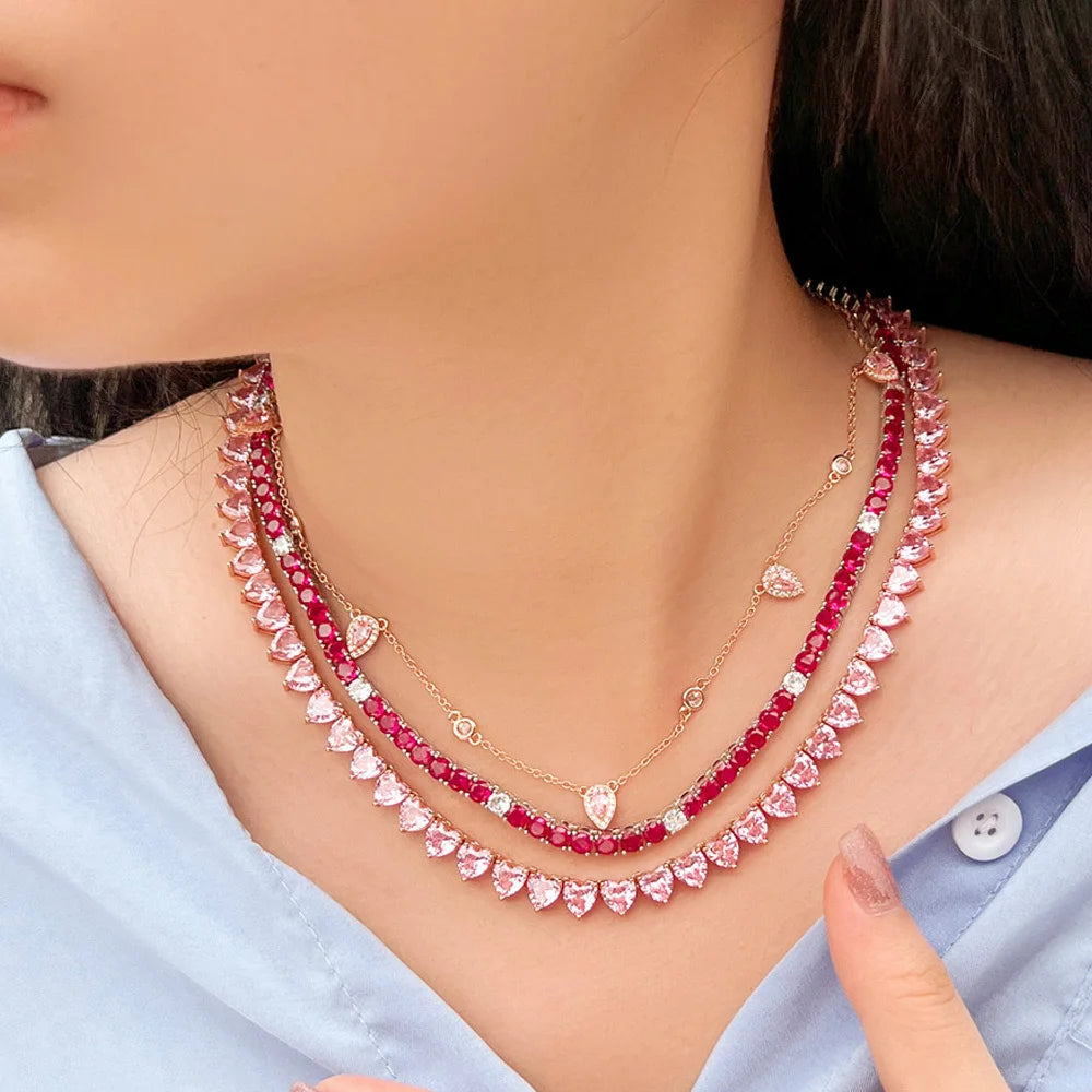 Real 5A Fuchsia Red Cubic Zirconia Shiny Round CZ Tennis Chain Link Necklace for Women Summer Party Jewelry - EUFASHIONBAGS