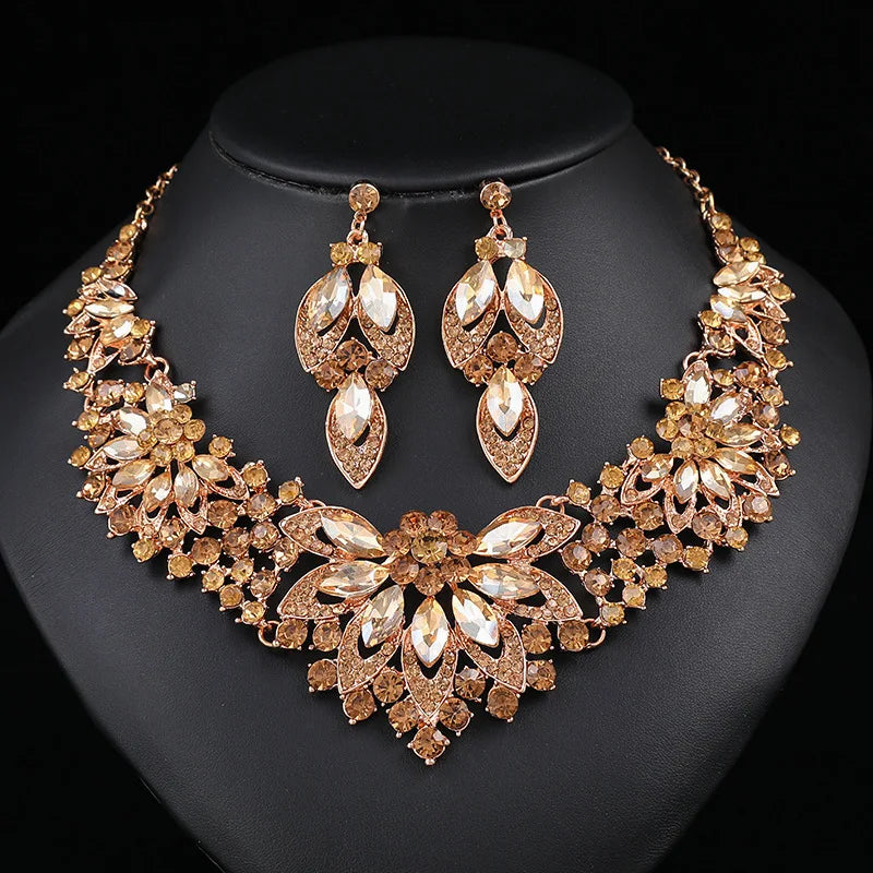 Luxury Green Crystal Leaf Dubai Jewelry Sets For Women Wedding Party Jewelry Accessories Stud Earrings & Necklace Gift - EUFASHIONBAGS