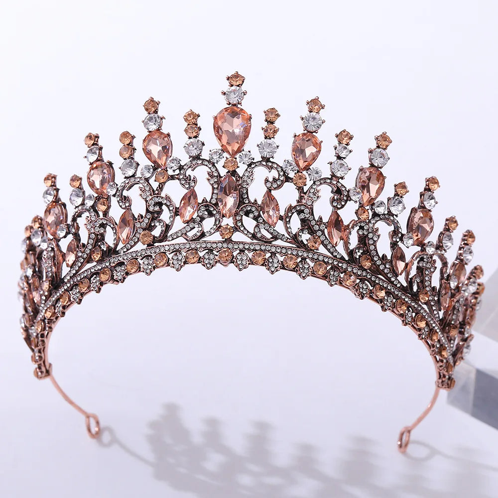 Baroque Gold Color Pink Opal Branch Geometric Wedding Crown Royal Queen Bridal Tiaras Rhinestone Pageant Diadem Hair Accessories - EUFASHIONBAGS