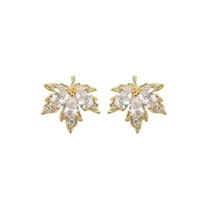 Dainty Maple Leaves Shaped Stud Earrings with Cubic Zirconia Versatile Daily Lady Engagement Jewelry Chic Accessories Hot