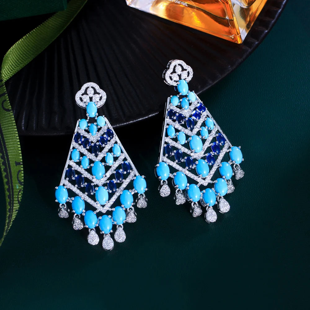 Luxury Chunky Blue Turquoise and White Cubic Zirconia Dangle Tassel Drop Long Party Wedding Earrings for Women - EUFASHIONBAGS