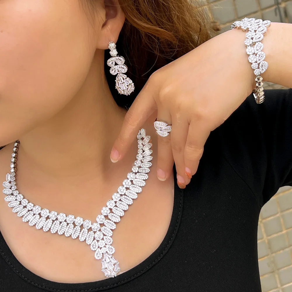 UAE Luxury Bling Heavy CZ Stone Paved 4pcs Saudi Arabia Bridal Party Jewelry Sets for Wedding Banquet Accessory - EUFASHIONBAGS