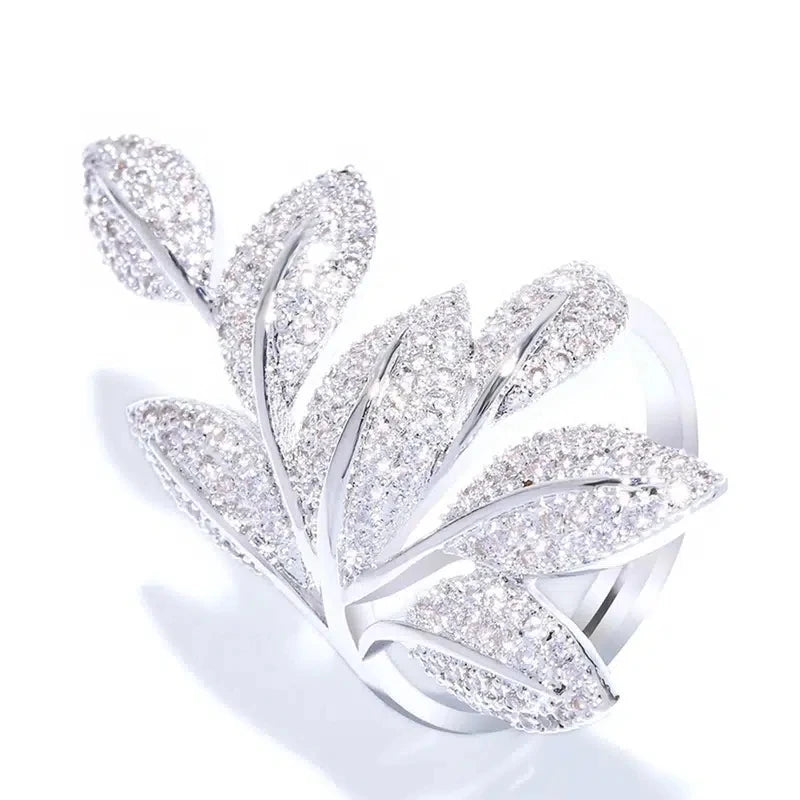 Exaggerated Leaf Ring Full Paved Cubic Zirconia Dazzling Women Finger Accessories Wedding Party Luxury Fashion Jewelry - EUFASHIONBAGS