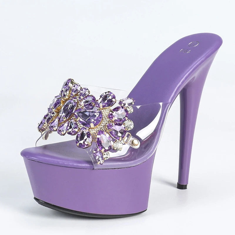 Fashion Purple Crystal Diamond Women 15CM Super High Heels Transparent Slippers Platform Sandals Party Dress Shoes