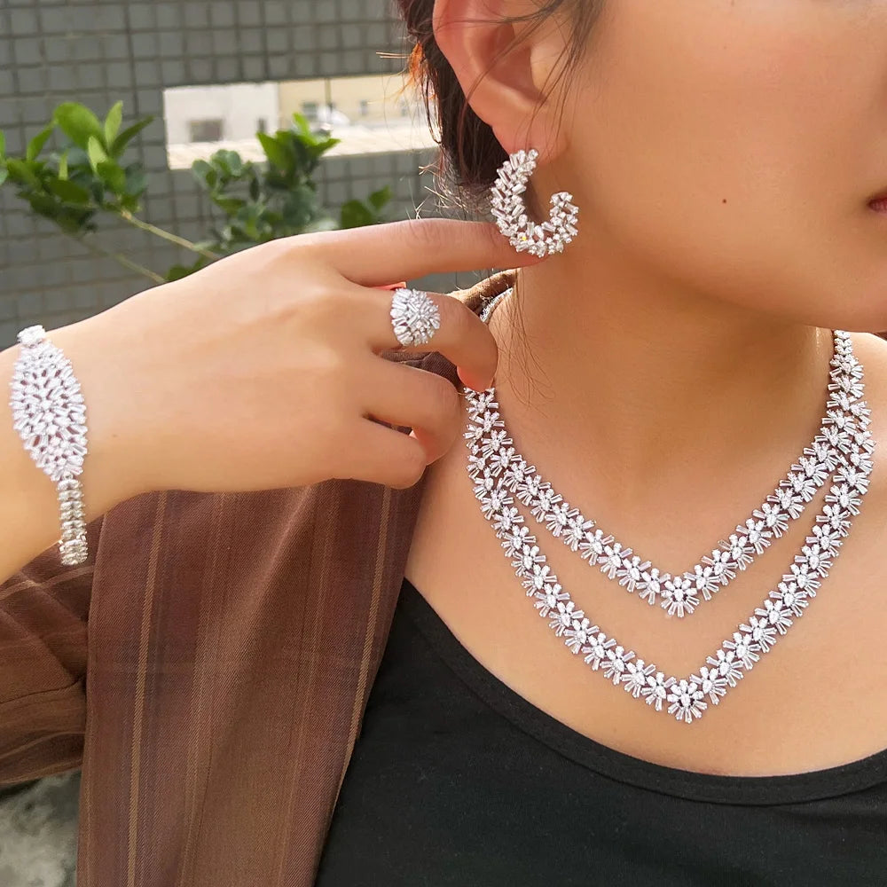 4 Pcs Sparkling Cubic Zirconia Big Two Layered Necklace Wedding Bridal Festive Dubai Jewelry Sets for Women - EUFASHIONBAGS