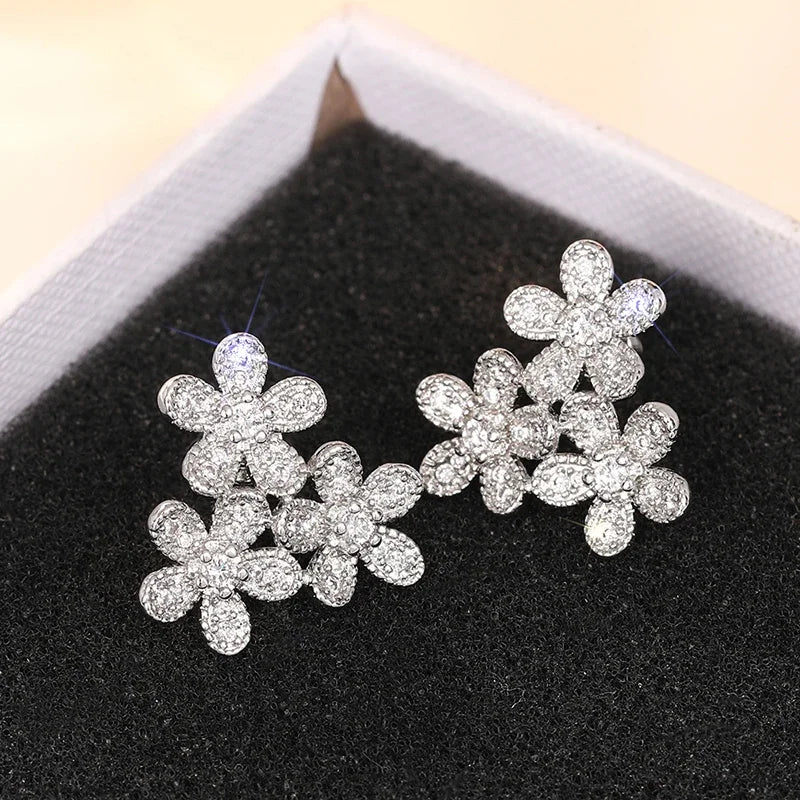 Beautiful Flowers Stud Earrings with Shiny Cubic Zirconia Graceful Exquisite Sweet Accessories Trendy Wedding Jewelry Hot - EUFASHIONBAGS