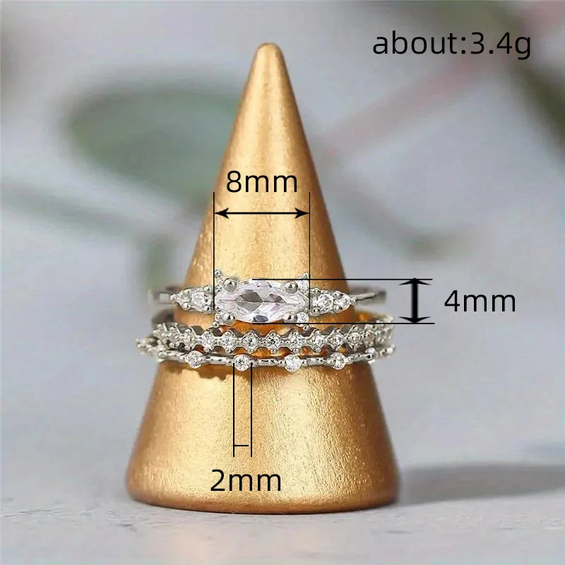 3Pcs Wedding Rings Set Bridal Marquise Cut Zirconia Finger Accessories for Engagement Detachable Wear Female Jewelry Gift - EUFASHIONBAGS