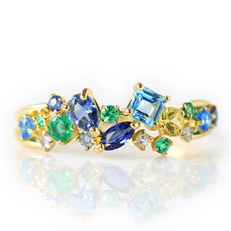 Modern Trendy Female Rings with Blue/Green Cubic Zirconia Luxury Accessories Daily Wear Party Fashion Jewelry for Women