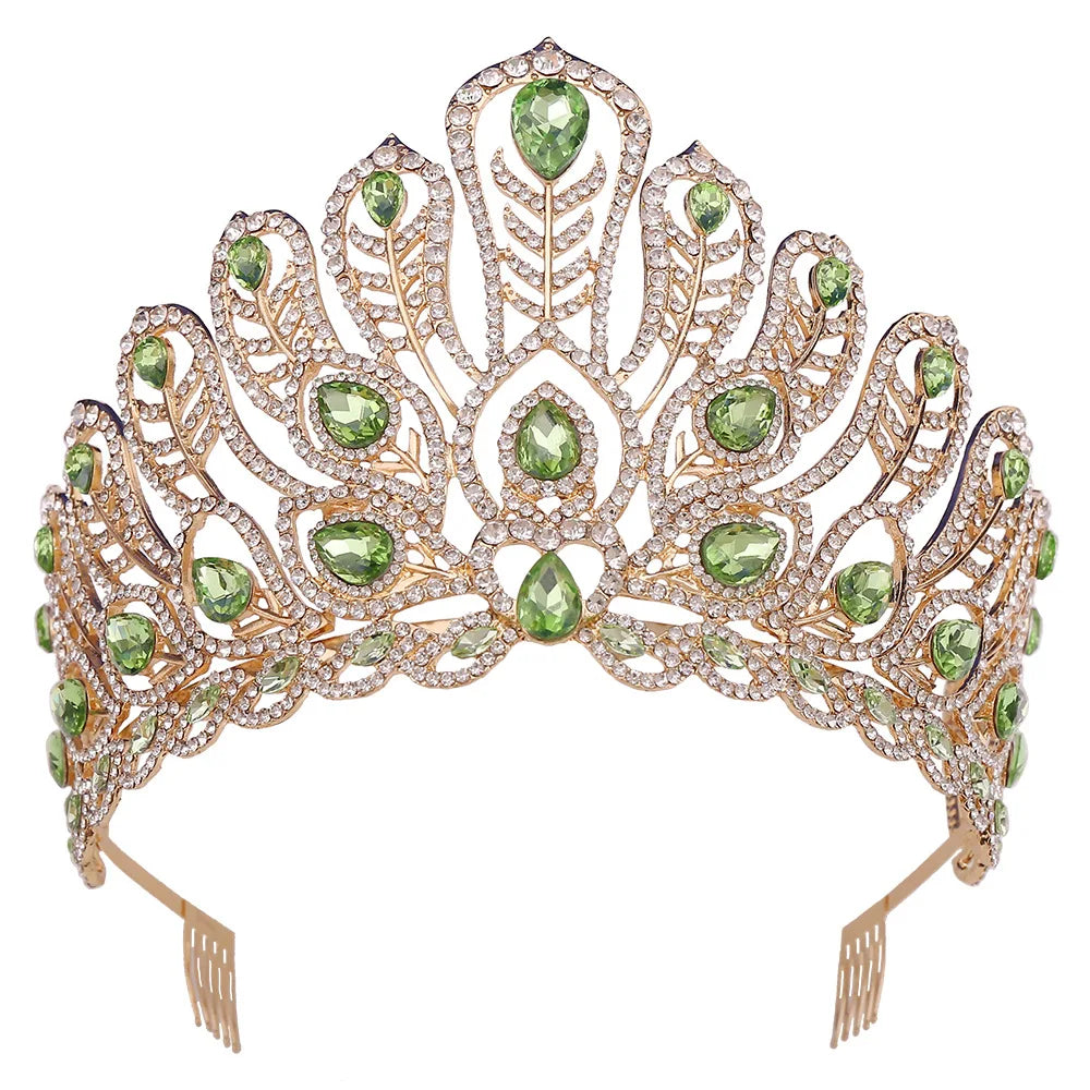 Luxury Royal Queen Rhinestone Wedding Crown Combs for Women Green Crystal Banquet Tiaras Party Costume Hair Jewelry Accessories - EUFASHIONBAGS