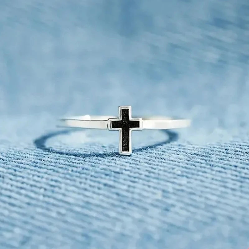 Fashion Contracted Cross Rings for Women Silver Color Black Drop Glaze Finger Accessories Female Versatile Daily Jewelry