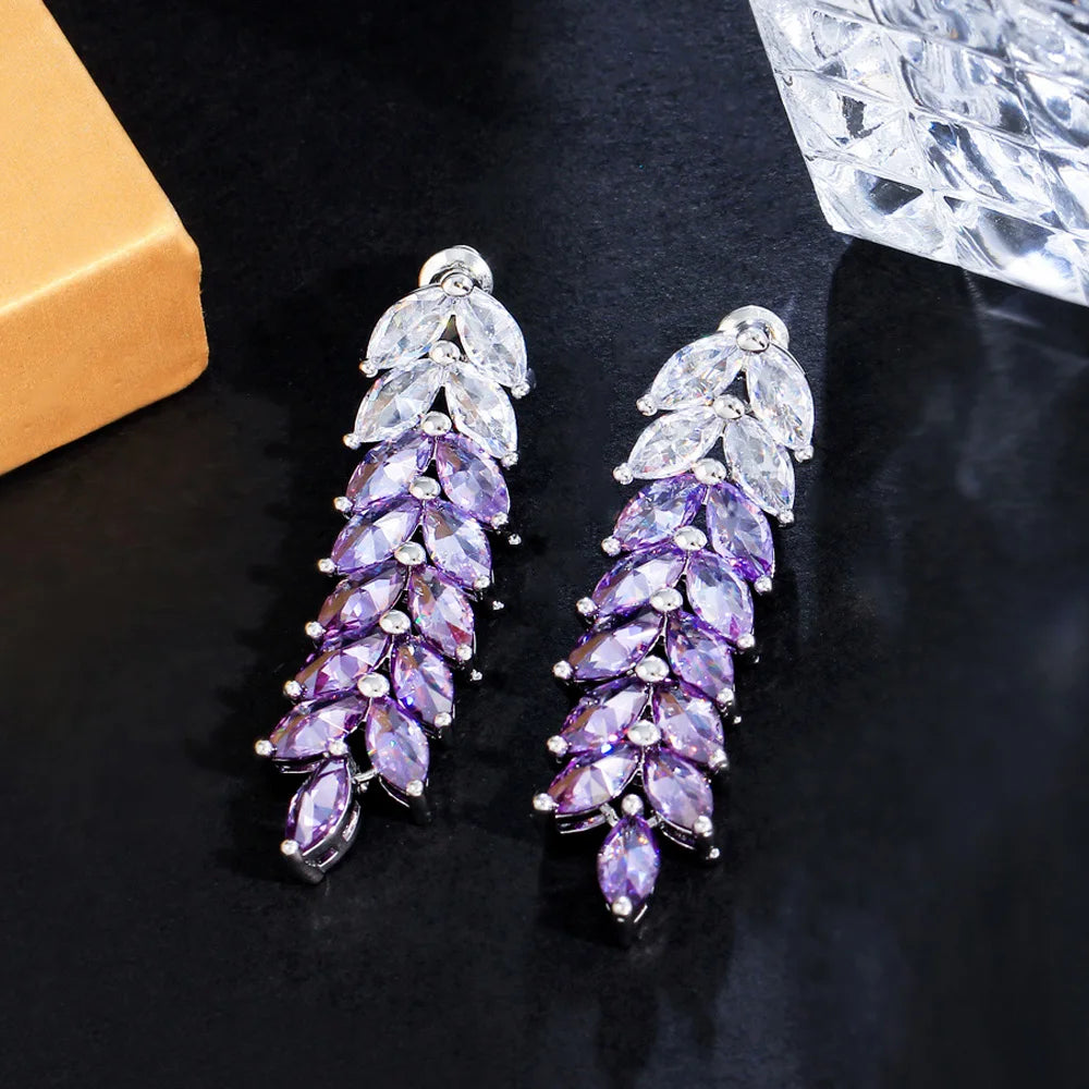 Marquise Cut Cubic Zirconia Setting Elegant Leaf Shape Dangly Long Drop Purple Earrings for Women CZ Jewelry - EUFASHIONBAGS