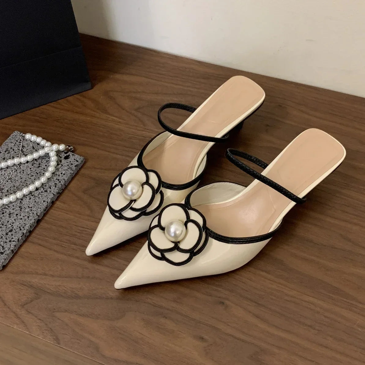 Flower Designer Brand Heeled Sandals Women Pointed Toe Pumps Female Elegant Dress Shoes Slides 2025 New Slippers Women Sandalias