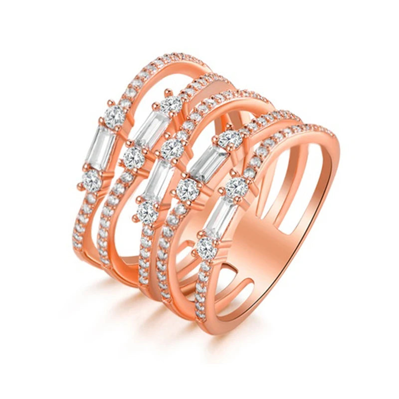 Luxury Multilayer Finger Ring Lady Gorgeous Wedding Party Jewelry with Shiny Zirconia Rose Gold Color Accessories