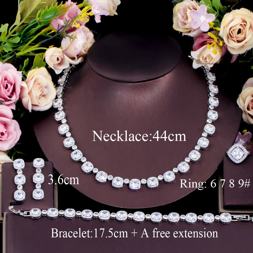 4Pcs Square Cubic Zirconia Paved Women Wedding Party Necklace Earring Bracelet Rings Bridal Costume Jewelry Sets - EUFASHIONBAGS