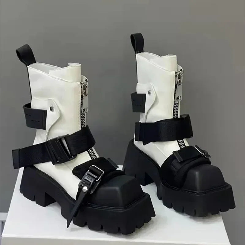 Brand Designer Platform Boots Women 2025 New Chunky Heel Short Boot Ladies Square Toe Fashion Belt Buckle Motorcycle Ankle Boots