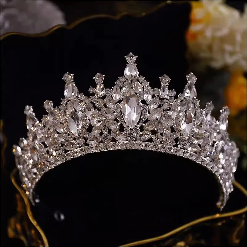 Korean Luxury Queen Water Drop Silver Color Crystal Tiaras Crown For Bride Women Girls Wedding Princess Party Hair Dress Jewelry - EUFASHIONBAGS