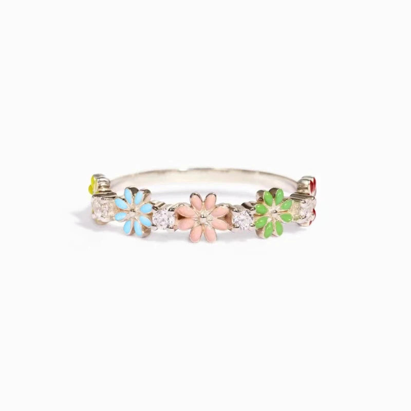 Sweet Lady Colorful Flower Finger Ring Aesthetic Shiny Zirconia Jewelry for Engagement Teen Girls Everyday Accessories