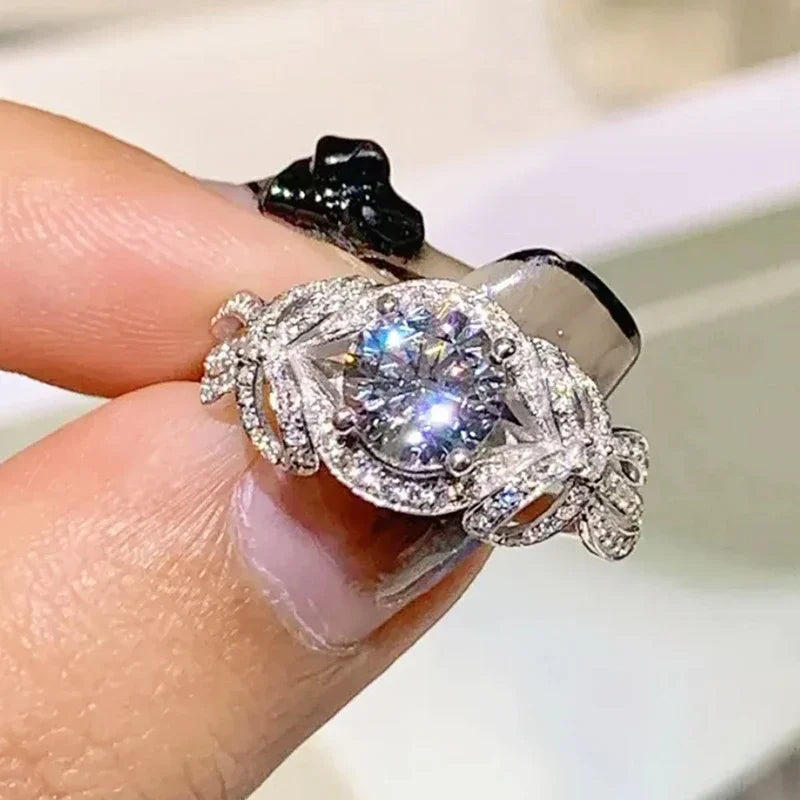 Aesthetic Women Wedding Rings with Brilliant Cubic Zirconia Romantic Bow Design Engagement Party Exquisite Female Jewelry - EUFASHIONBAGS