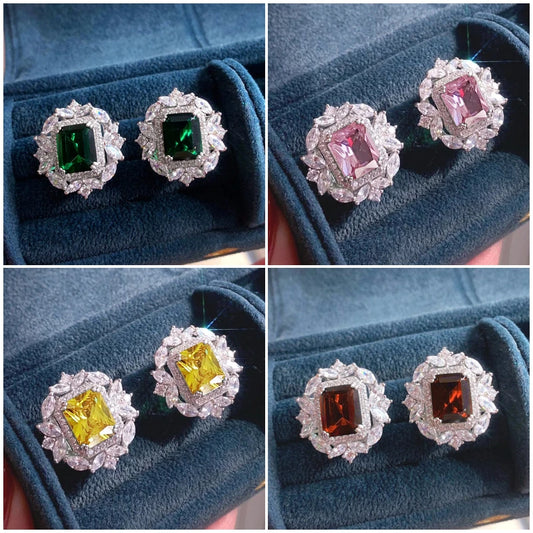 Luxury Green/Pink/Yellow/Red CZ Stud Earrings Women for Engagement Wedding Party Silver Color Fashion Design Jewelry Gift - EUFASHIONBAGS