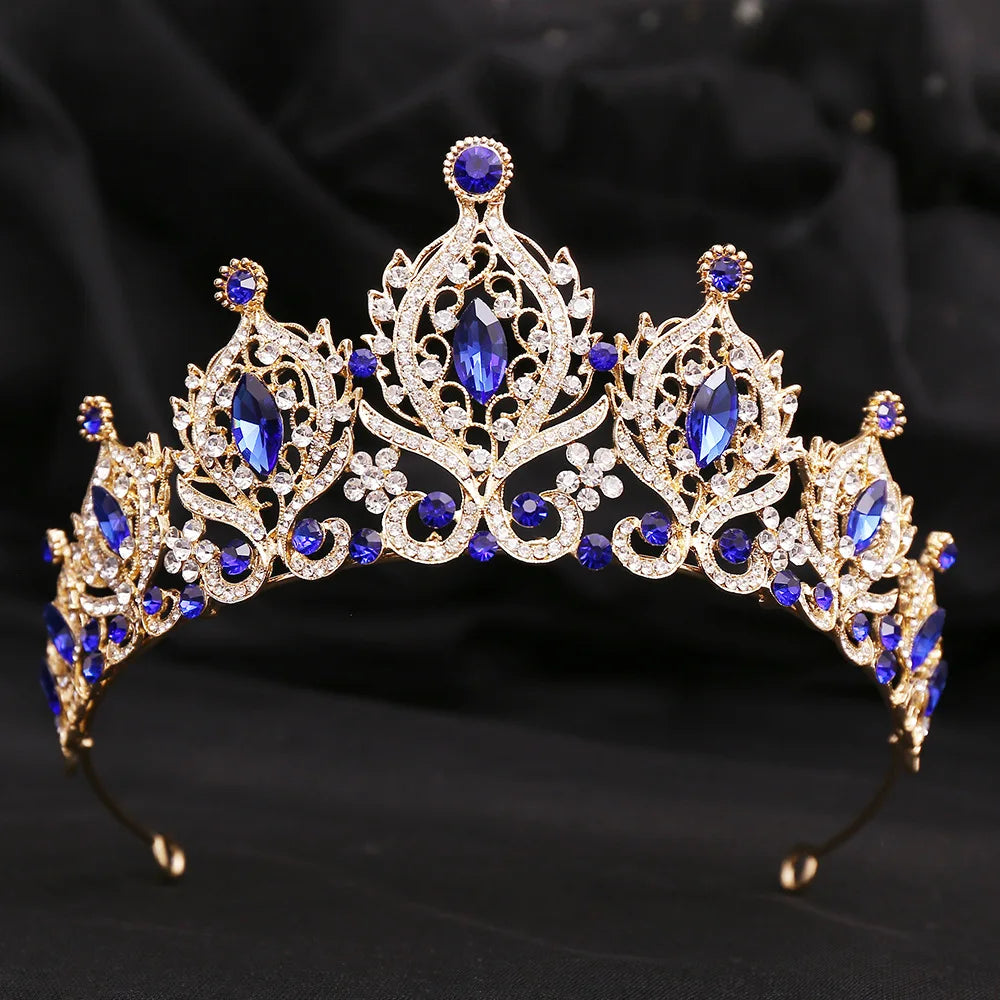 Baroque Gold Color Blue Diadem Rhinestone Crystal Tiaras Bride Headdress Princess Wedding Crown Pageant Hair Jewelry Accessories - EUFASHIONBAGS