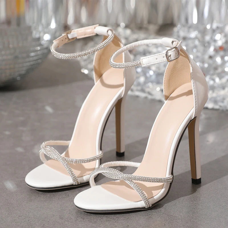 Crystal Rhinestone Narrow Band Women Sandals Street Sexy Open Toe Thin High Heels Ladies Party Wedding Shoes