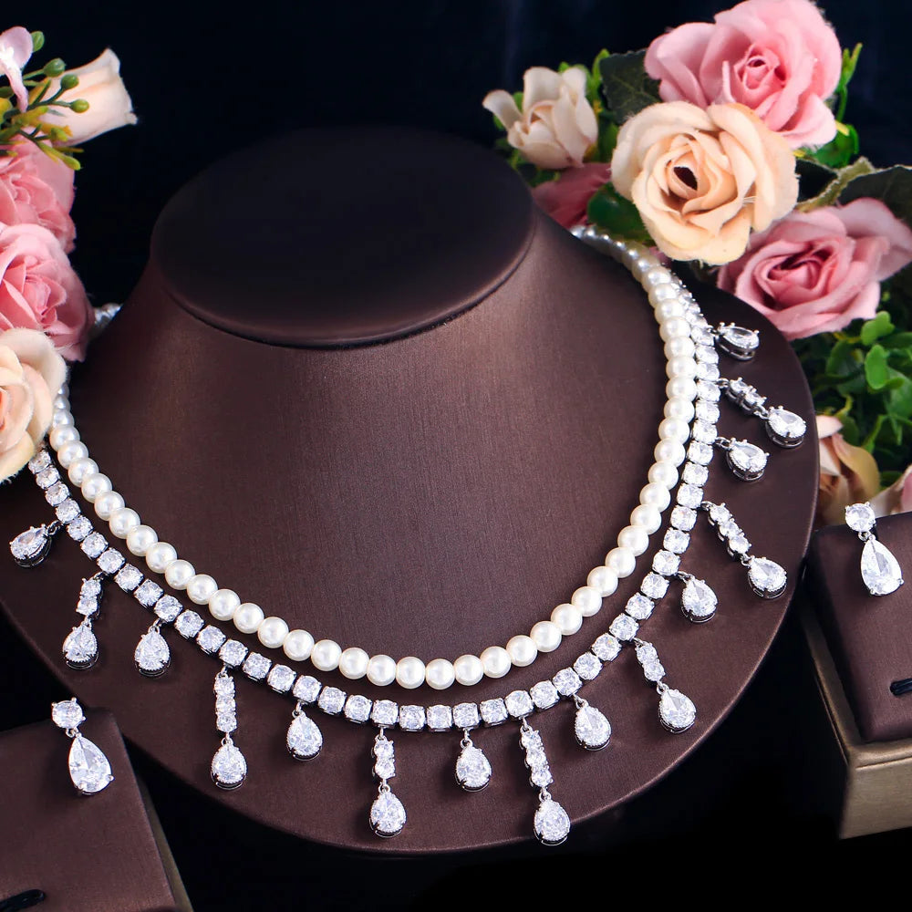 Shiny Tassel Water Drop Cubic Zirconia Big 2 Layer Pearl Necklace Bridal Jewelry Sets for Wedding Women Party - EUFASHIONBAGS