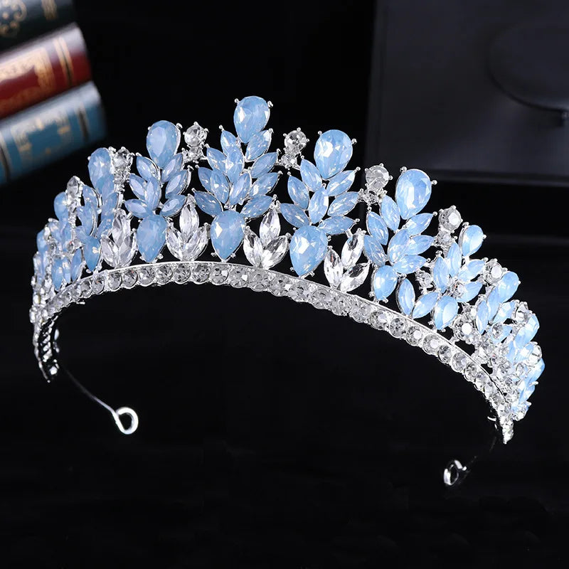 Luxury Blue Opal Crystal Flowers Water Drop Tiaras Crowns Women Headbands Wedding Party Elegant Pageant Diadem Hair Accessories - EUFASHIONBAGS