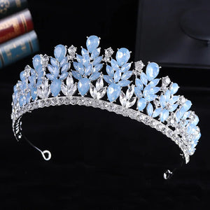 Luxury Blue Opal Crystal Flowers Water Drop Tiaras Crowns Women Headbands Wedding Party Elegant Pageant Diadem Hair Accessories