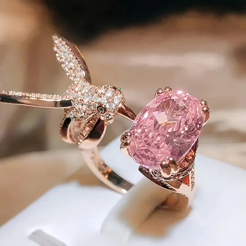 Unique Design Bird with Oval Pink CZ Rings for Women Rose Gold Color Sparkling Opening Rings Cocktail Party Trend Jewelry - EUFASHIONBAGS