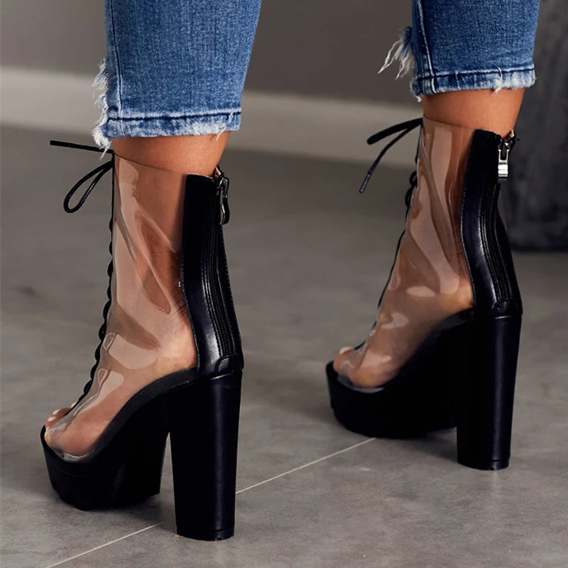 Sexy Transparent PVC Green Platform Boots Women Fashion High Quality Roma Strappy Chunky Heels Spring/Autumn Peep Toe Shoes Lady