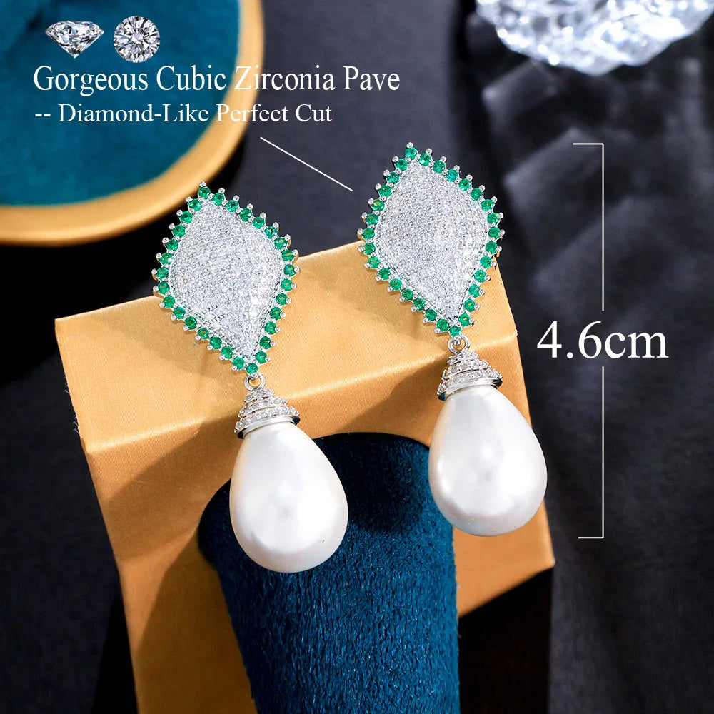 Rhombic Unique Green Cubic Zirconia Crystal Dangly Drop Long Pearl Bridal Wedding Engagement Earrings for Women - EUFASHIONBAGS