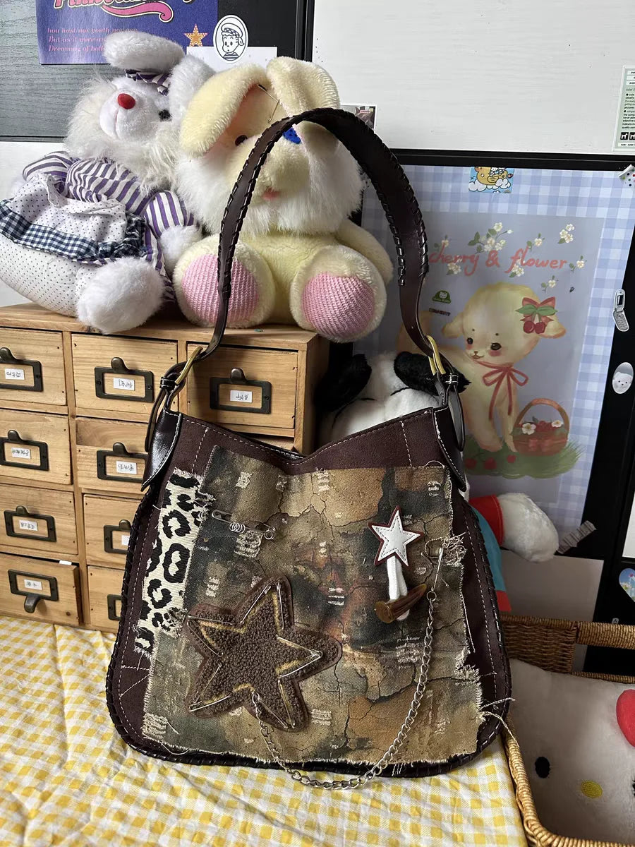 Y2k Grunge Brown Shoulder Bags Purse Women New Vintage Patchwork Star Handbag Female Retro Casual Crossbody Tote Bag - EUFASHIONBAGS