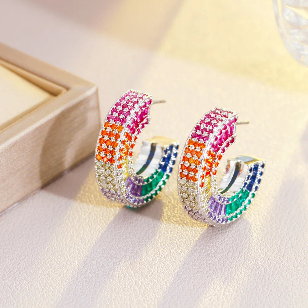 Luxury Half Round C Shape Multicolor Rainbow CZ Women Hoop Earrings Gold Plated Heavy Cubic Zirconia Jewelry - EUFASHIONBAGS