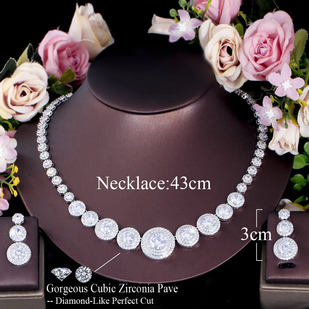 Delicate White Gold Color Round Cubic Zirconia Wedding Festive Costume Necklace Earrings Bridal Jewelry Sets