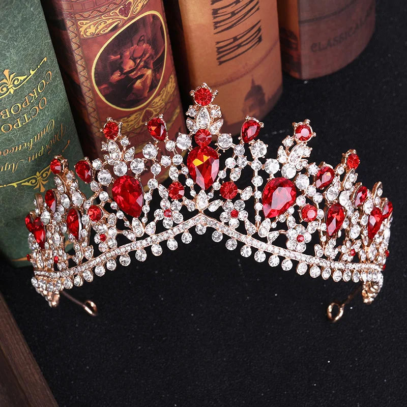 Baroque Gold Color Red Crystal Bridal Tiaras Crowns Rhinestone Pageant Diadem Women Headpieces Wedding Hair Accessories Jewelry