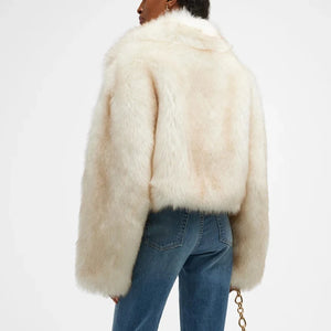 Gradient Cropped Fluffy Fur Jacket Women Coat 2023 Winter Chic Thicken Faux Fox Fur Outerwear Luxury Brand Runway Fashion Outfit