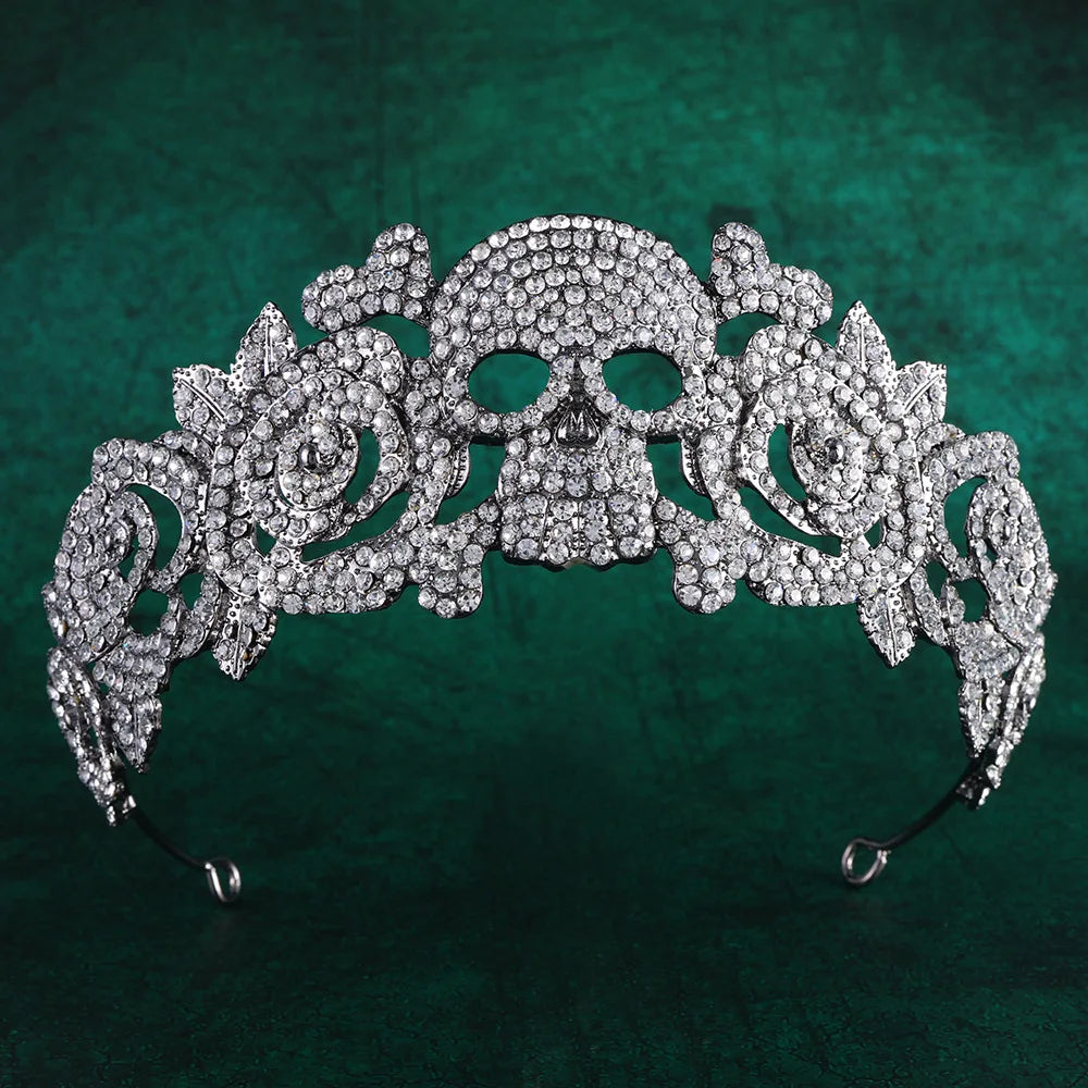 Baroque Vintage Full Rhinestone Skull Bridal Tiaras Crown Women Headbands Halloween Carnival Party Didem Hair Dress Accessories - EUFASHIONBAGS