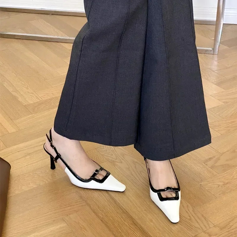 2025 New Pointed Toe Mules Pumps Women Summer Square Toe Slingback High Heels Women Buckle Elegant Designer Dress Sandals Female