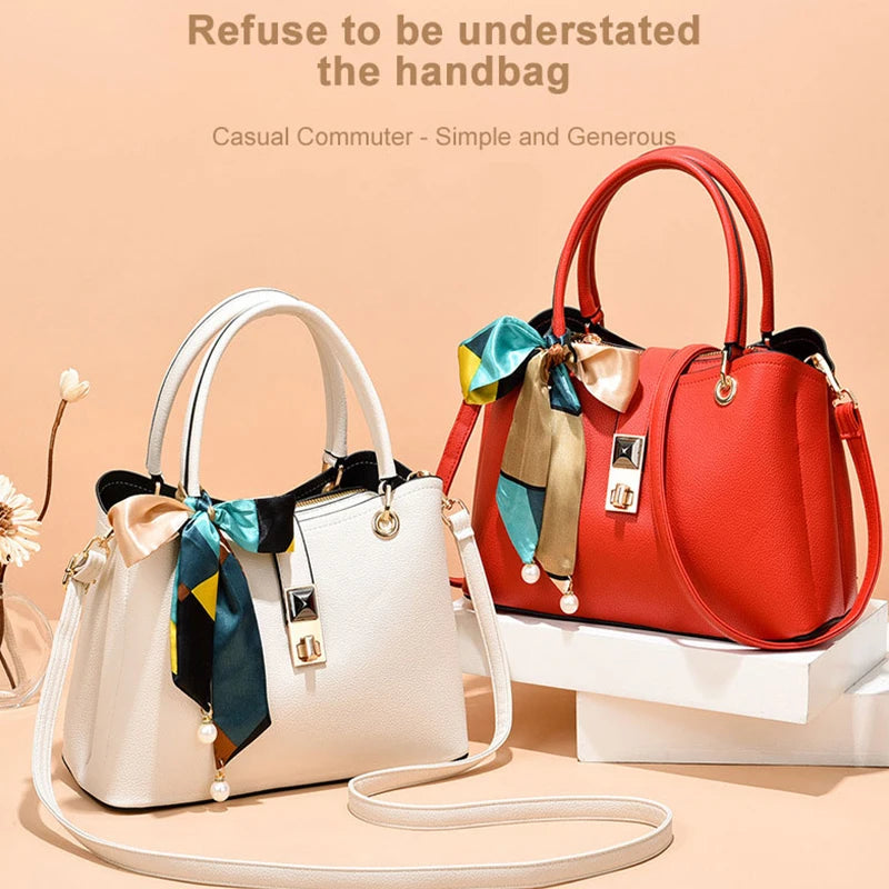 Fashion Women's Tote Bag New Luxury Designer PU Leather Women Shoulder Crossobdy Bags Silk Scarf Bow Handbag