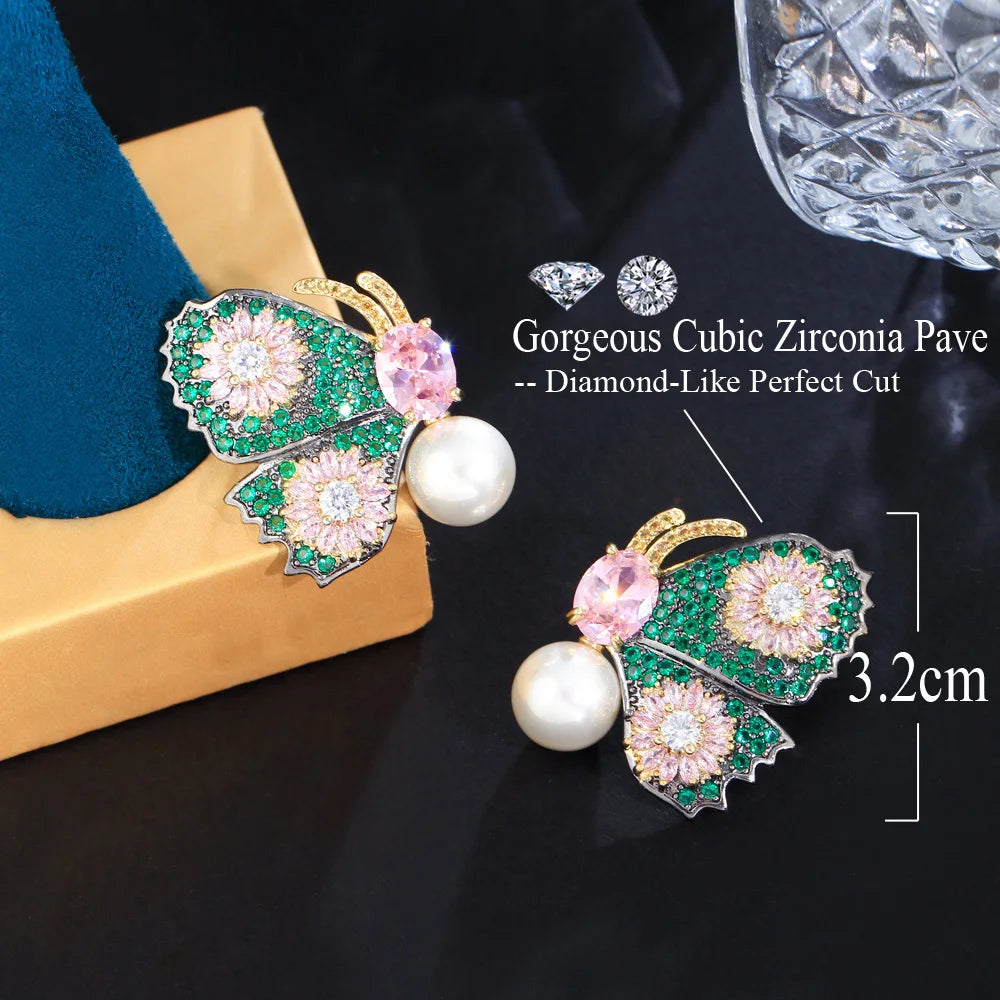 Glamorous Pink Green Cubic Zirconia Asymmetrical Butterfly Drop Pearl Earrings for Women Unique Party Jewelry - EUFASHIONBAGS