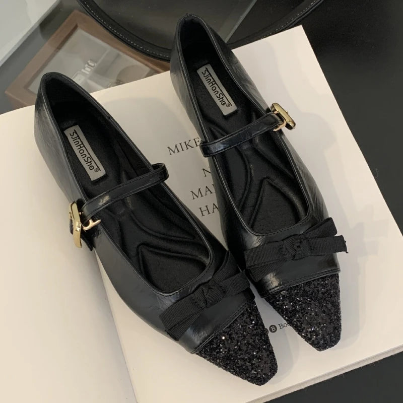 Bling Butterfly-knot Mary Jane Shoes Women Fashion Flat Shoes Shallow Comfort Increased Internal Brand Dress Shoes Women