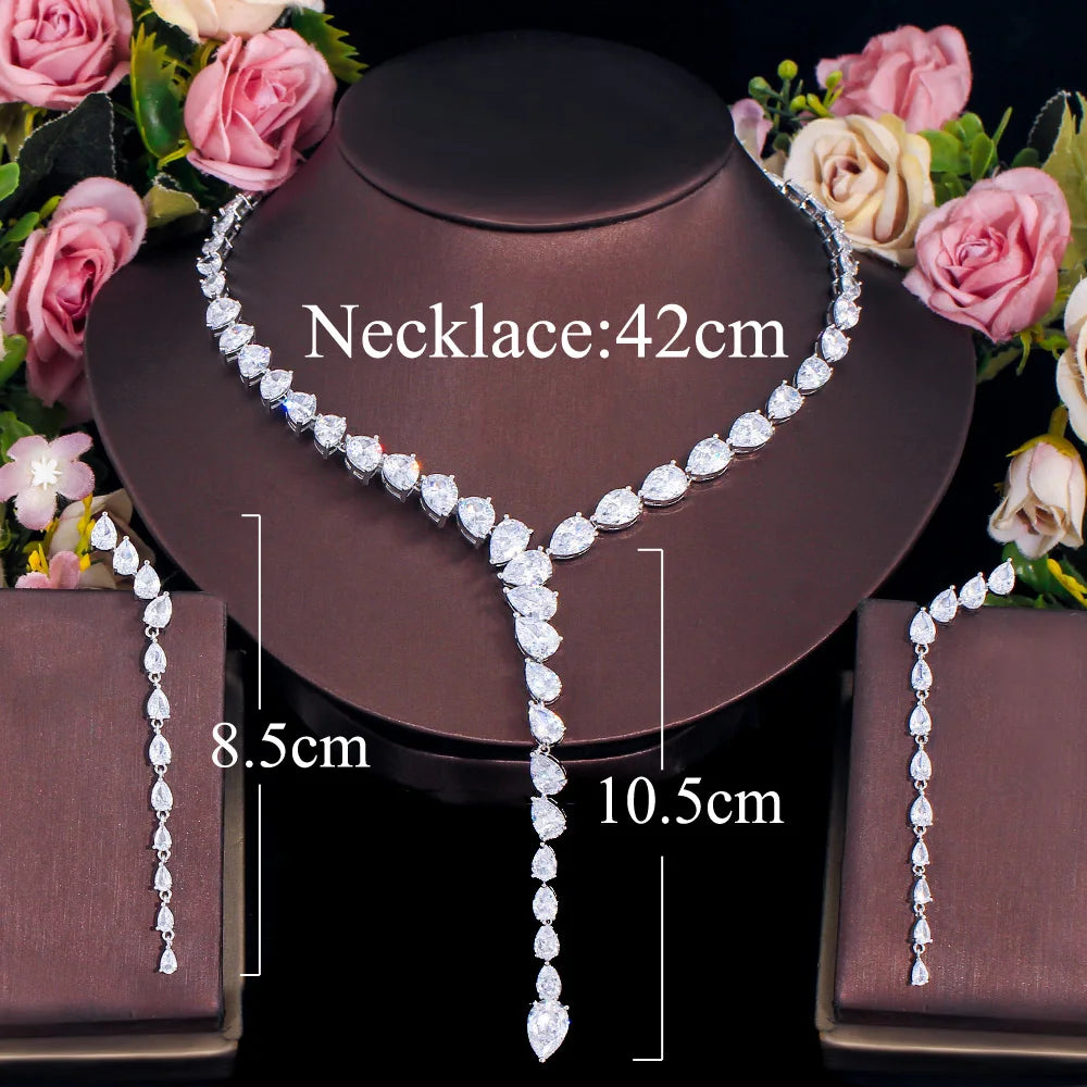 Super Luxury Unique 2PCS Long Dangle Necklace Big Africa Cubic Zirconia Jewlery Set for Women Wedding Brides - EUFASHIONBAGS