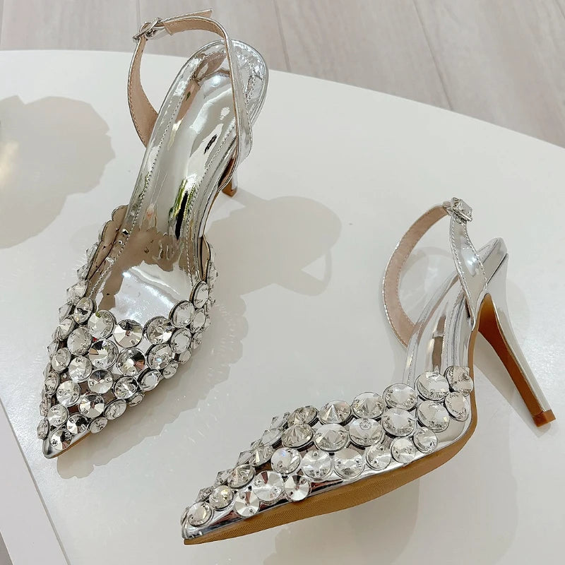 Shiny Rhinestone High Heeled Sandals for Women Pointed Toe Luxury Party Dress Shoes Sexy Diamond Brand High Heels Ladies Pumps