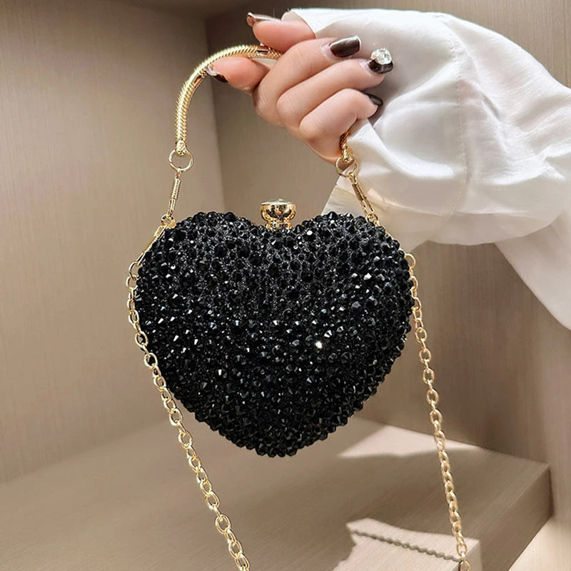 Luxury Diamond Inlay Heart Shape Crystal Clutch Purse Stones Evening Wedding Party Shoulder Bag Handle Rhinestone Mini Handbags