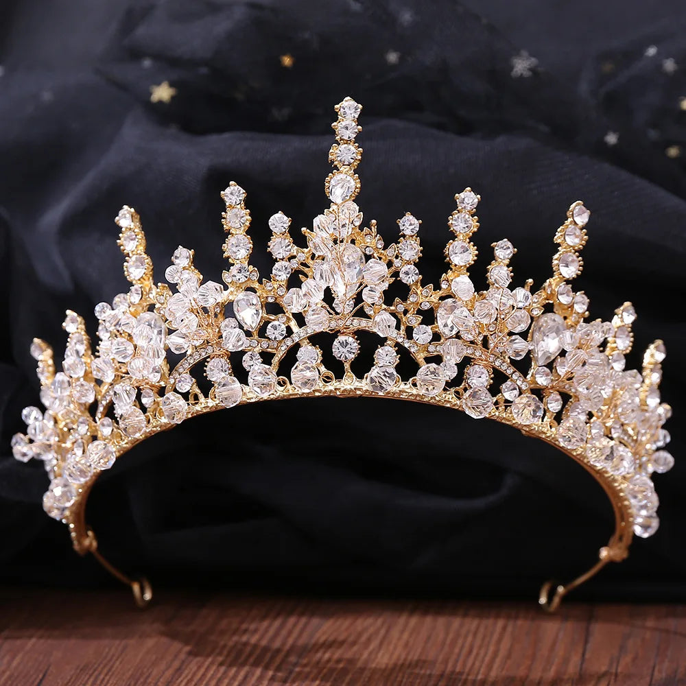 Baroque Korean Gold Color Crystal Crown Hair Accessories Luxury Rhinestone Tiara For Women Wedding Headdress Bridal Hair Jewelry